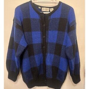 Vintage J.A. Higgins Buffalo Plaid Cardigan Blue Black Button Sweater USA Small
